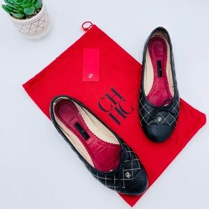 Carolina Herrera Black Cream Quilted Leather Bow Ballet Flats